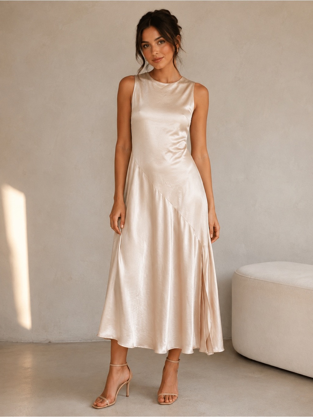Nasty Gal Champagne Satin Maxi Dress Size 10 Asymmetrical Minimalist